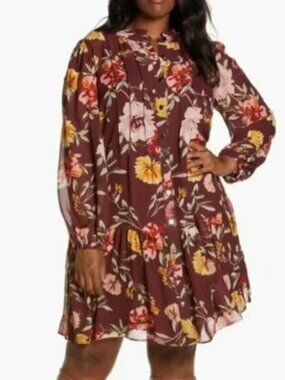 Julia Jordan Floral Print Pleated Long Sleeve A-Line Dress NWOT